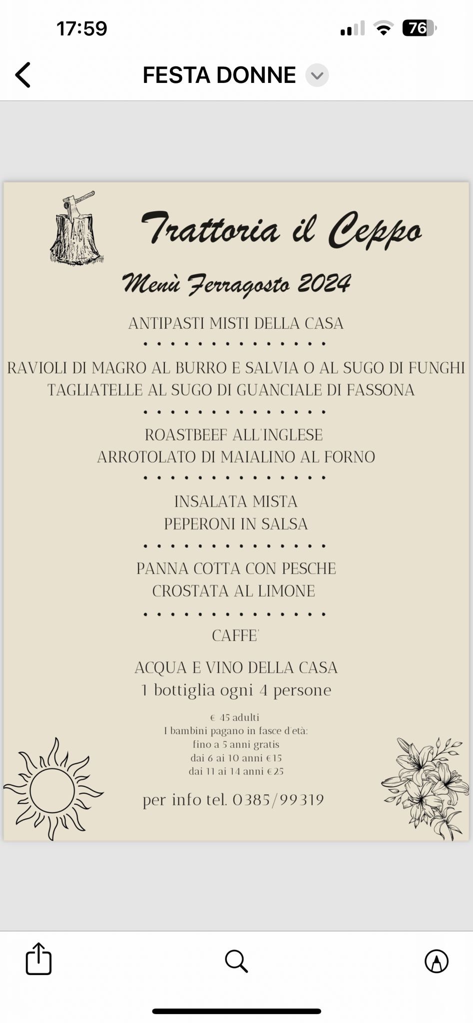 Menu di Pasqua e Pasquetta del Bar Trattoria il Ceppo